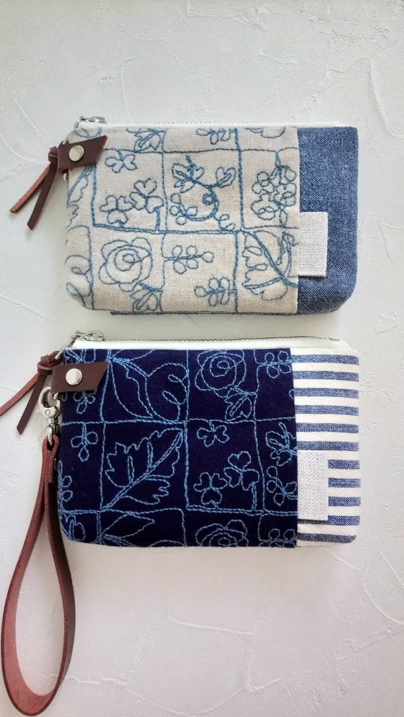 【FWL/四層小錢包】窗花 棉麻底 深藍底 法國銀蔥布 日本刺繡布