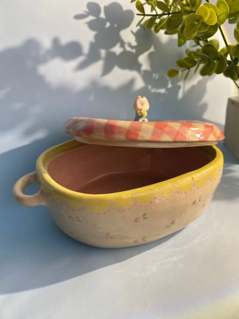 Cute handmade ceramic bow with lid, pink check pattern and cute cat.