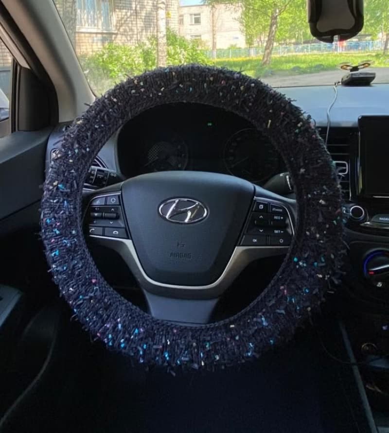 Handmade black knitted steering wheel cover/ Car accessories