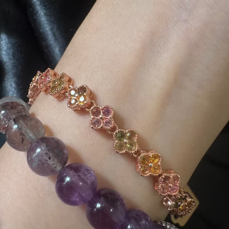 簇。s925 純銀 鍍14k 貴人石 碧璽 小花 玫瑰金 手串 手鏈 手環