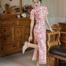 粉紅色 胭脂 重工珠片蕾絲開襟晚宴旗袍 婚宴結婚新娘洋裝禮物