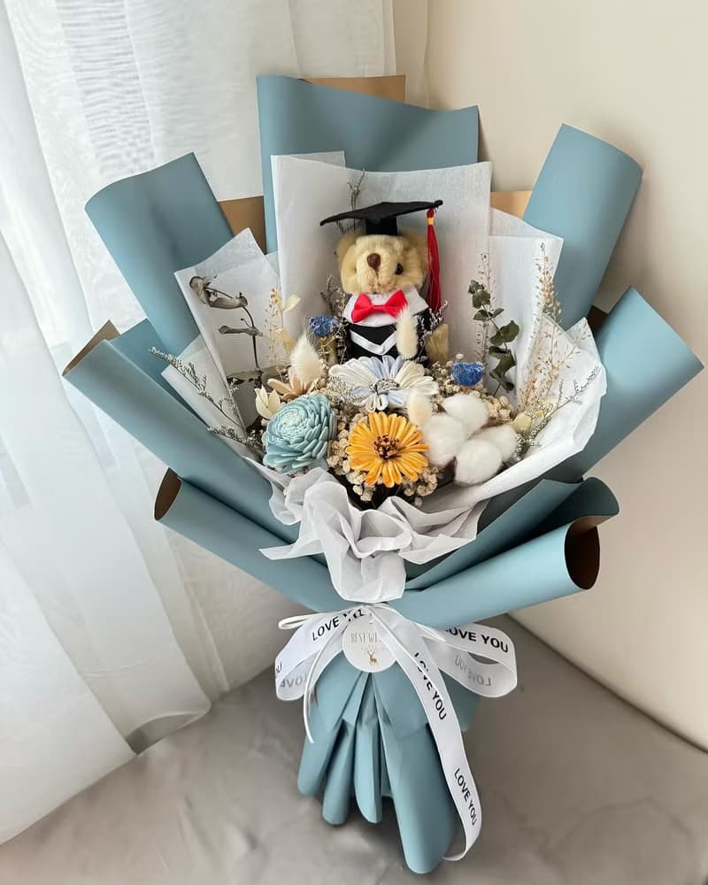 永生花乾燥花 畢業花束 熊熊款