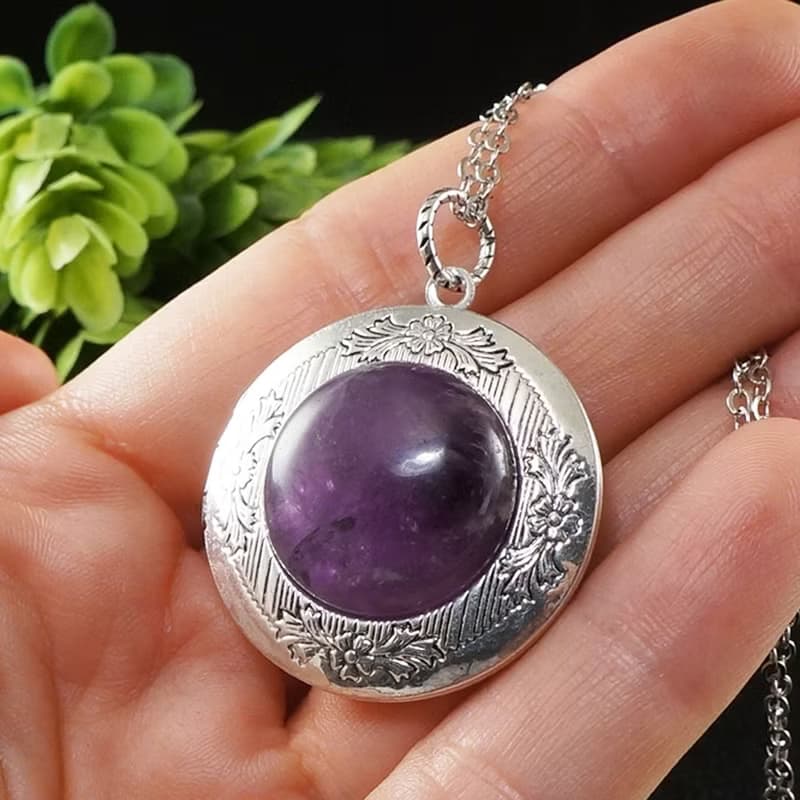 Amethyst Photo Locket Lilac Purple Violet Lavender Pendant Necklace Jewelry Gift