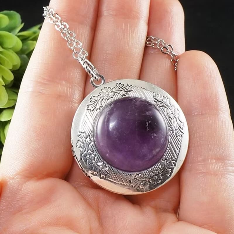 Amethyst Photo Locket Lilac Purple Violet Lavender Pendant Necklace Jewelry Gift