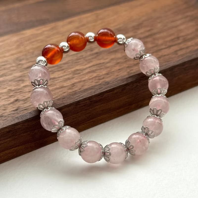 【巨蟹獅子天秤天蠍座|7月10月】紅瑪瑙粉晶簡約銀手鏈 鼓勵 桃花