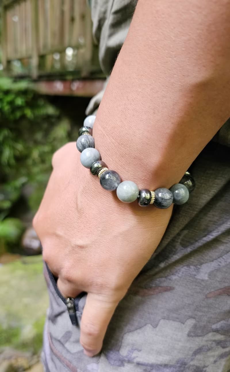 墨藍序章-男款水晶手鍊/洞察力/鷹眼石/藍髮晶/黑膽石/勇氣/溝通