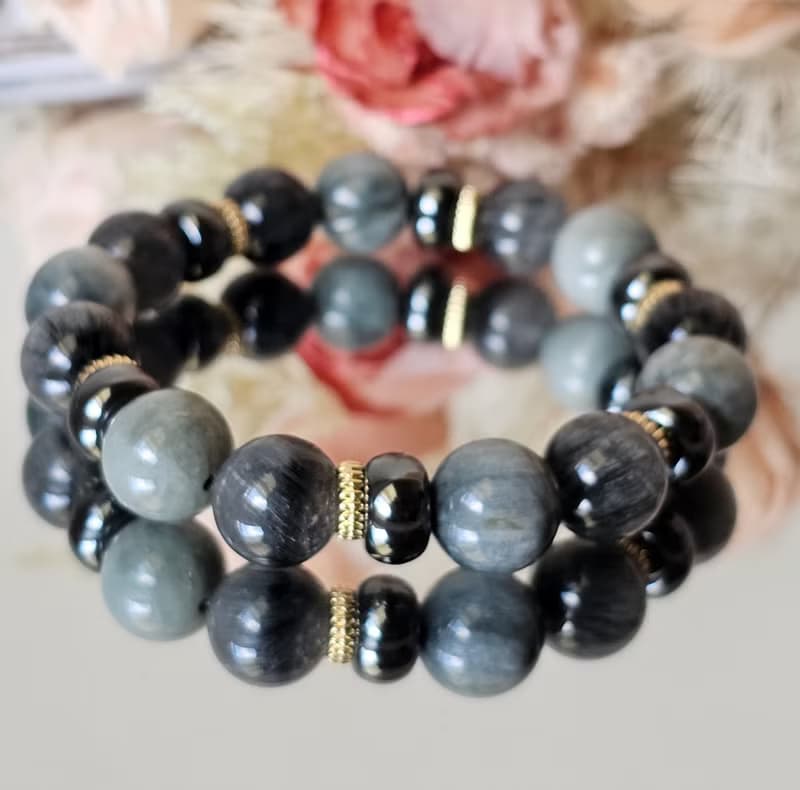 墨藍序章-男款水晶手鍊/洞察力/鷹眼石/藍髮晶/黑膽石/勇氣/溝通