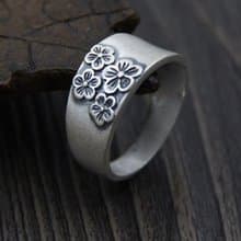 Real S990 Silver Handmade Engraved Plum Blossom Finger Rings Women Elegant