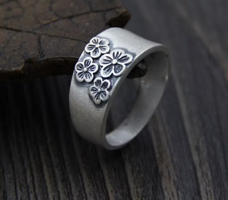 Real S990 Silver Handmade Engraved Plum Blossom Finger Rings Women Elegant
