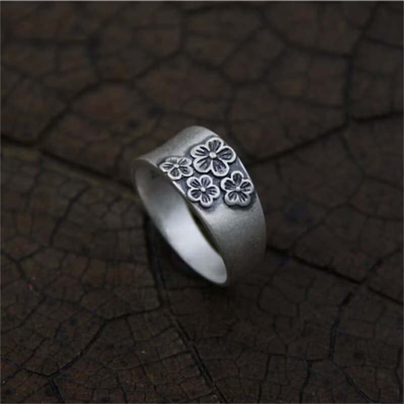 Real S990 Silver Handmade Engraved Plum Blossom Finger Rings Women Elegant