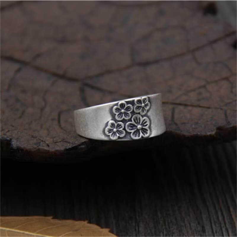 Real S990 Silver Handmade Engraved Plum Blossom Finger Rings Women Elegant