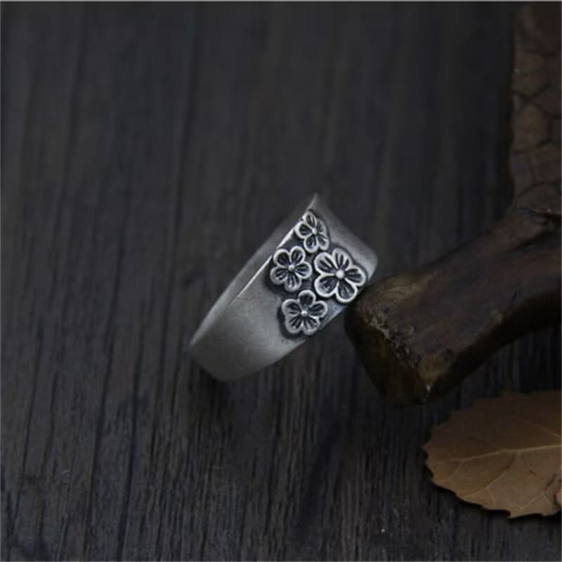 Real S990 Silver Handmade Engraved Plum Blossom Finger Rings Women Elegant