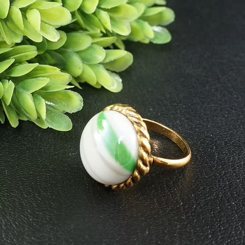 White Green Glass Adjustable Ring Boho Round Gold Unisex Free Size Ring Jewelry