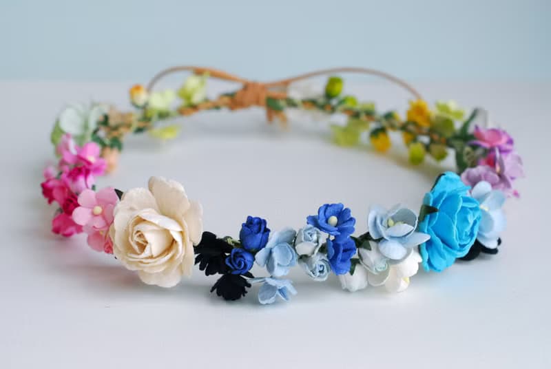 Paper Flower, Headband, Crown, ONLY ONE PIECE, Circle wild 20 cm.of white, blue, bright blue ,green, purple brush and yellow brush Color.