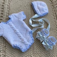 Hand made white outfit for baby. Take home clothing set: romper, hat, booties.
