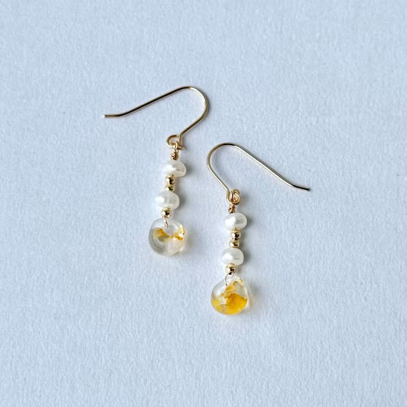 日本 淡水珍珠 橙色玻璃珠 14K GF  珍珠  珍珠耳環