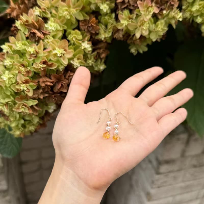 日本 淡水珍珠 橙色玻璃珠 14K GF  珍珠  珍珠耳環