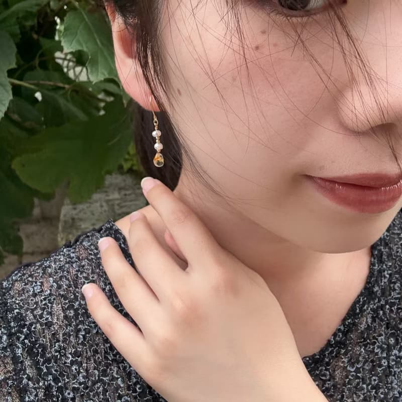 日本 淡水珍珠 橙色玻璃珠 14K GF  珍珠  珍珠耳環