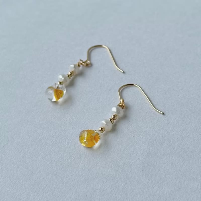 日本 淡水珍珠 橙色玻璃珠 14K GF  珍珠  珍珠耳環
