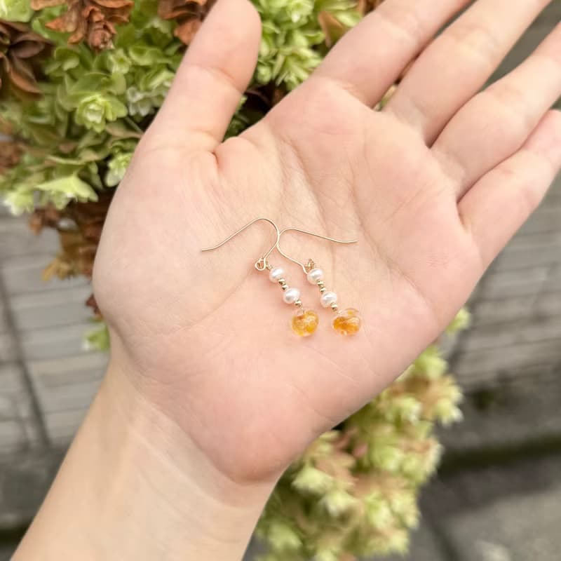日本 淡水珍珠 橙色玻璃珠 14K GF  珍珠  珍珠耳環