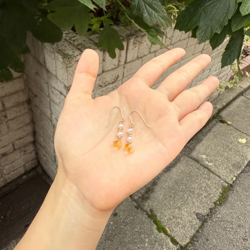 日本 淡水珍珠 橙色玻璃珠 14K GF  珍珠  珍珠耳環