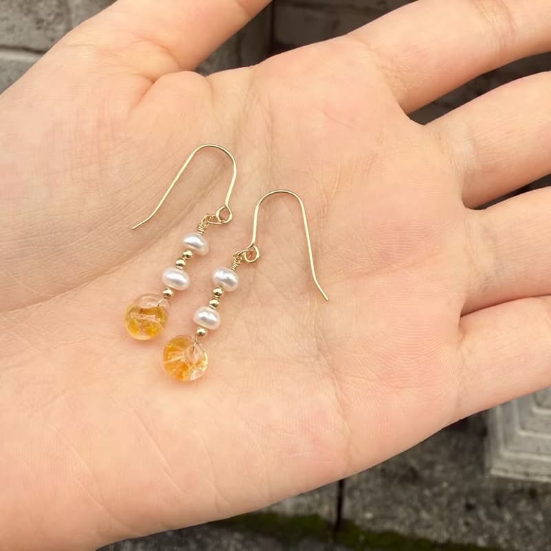 日本 淡水珍珠 橙色玻璃珠 14K GF  珍珠  珍珠耳環