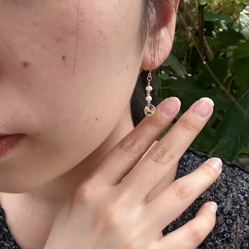 日本 淡水珍珠 橙色玻璃珠 14K GF  珍珠  珍珠耳環