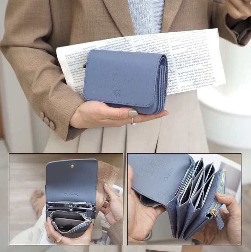 Crepe 真牛皮摺疊錢包/短夾 :  霧藍色