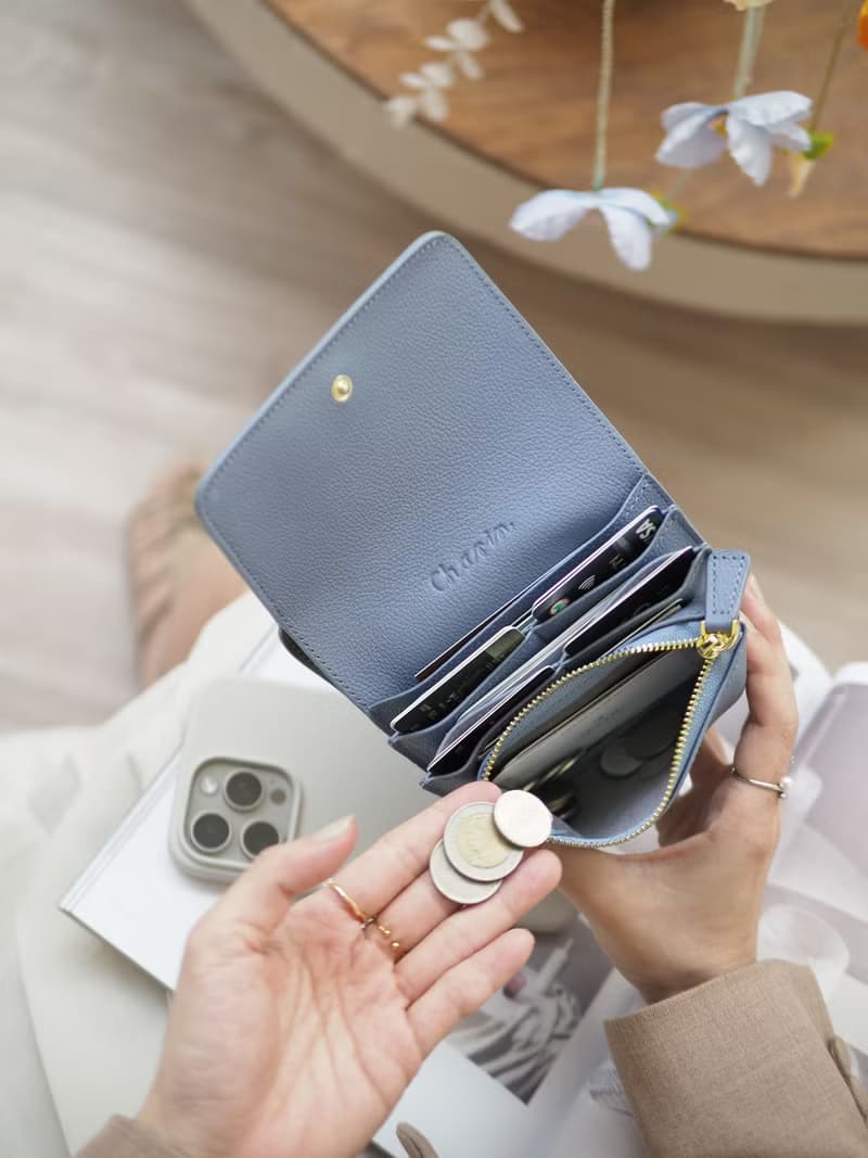 Crepe 真牛皮摺疊錢包/短夾 :  霧藍色