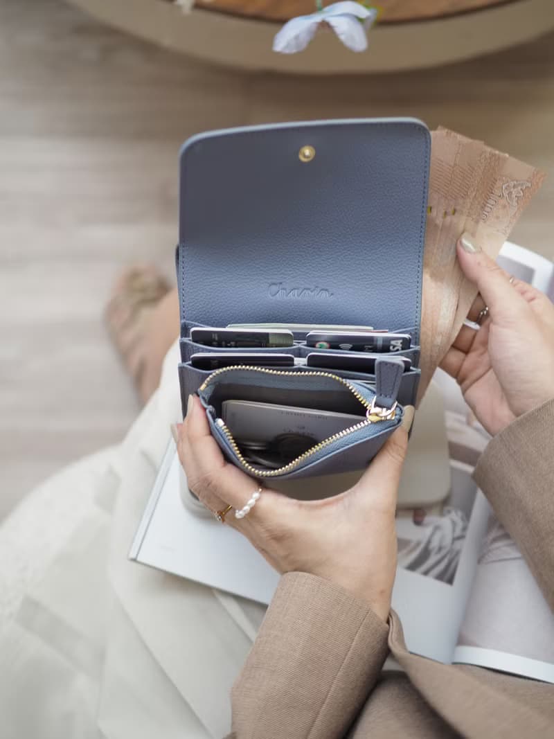 Crepe 真牛皮摺疊錢包/短夾 :  霧藍色