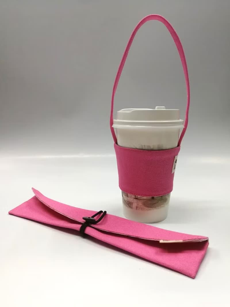 環保筷袋杯套組~手提式飲料杯套 餐具組收納袋 筷套(粉紅)F08-003
