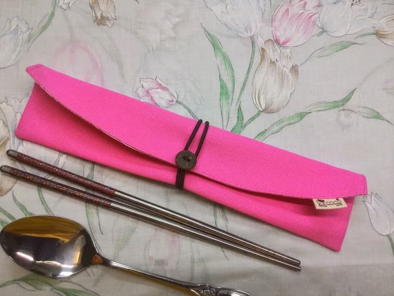 環保筷袋杯套組~手提式飲料杯套 餐具組收納袋 筷套(粉紅)F08-003