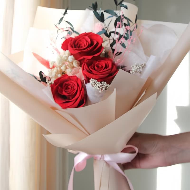 永恆玫瑰│3朵永生紅玫瑰花束 情人節花束 乾燥花 永生花