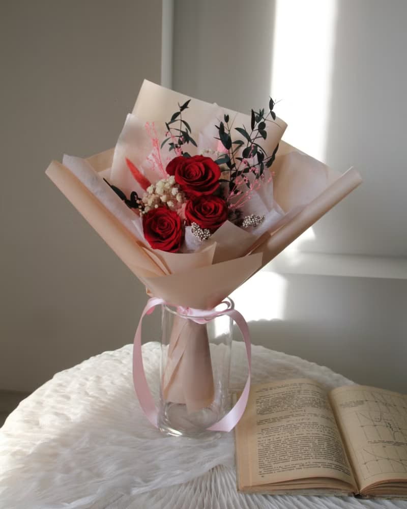 永恆玫瑰│3朵永生紅玫瑰花束 情人節花束 乾燥花 永生花