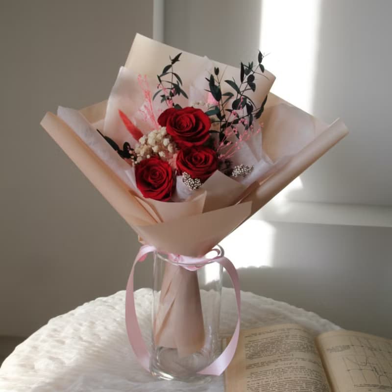 永恆玫瑰│3朵永生紅玫瑰花束 情人節花束 乾燥花 永生花