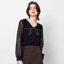 【MEDUSA】滾邊小領結蕾絲袖上衣(M-2L) | 女長袖上衣 加大尺碼