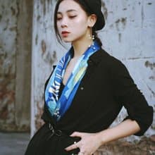 原創設計真絲藍色大方巾之旅夢