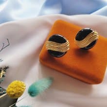 美國西洋古董飾品/NAPIER金色流線黑琺瑯夾式耳環/古著首飾