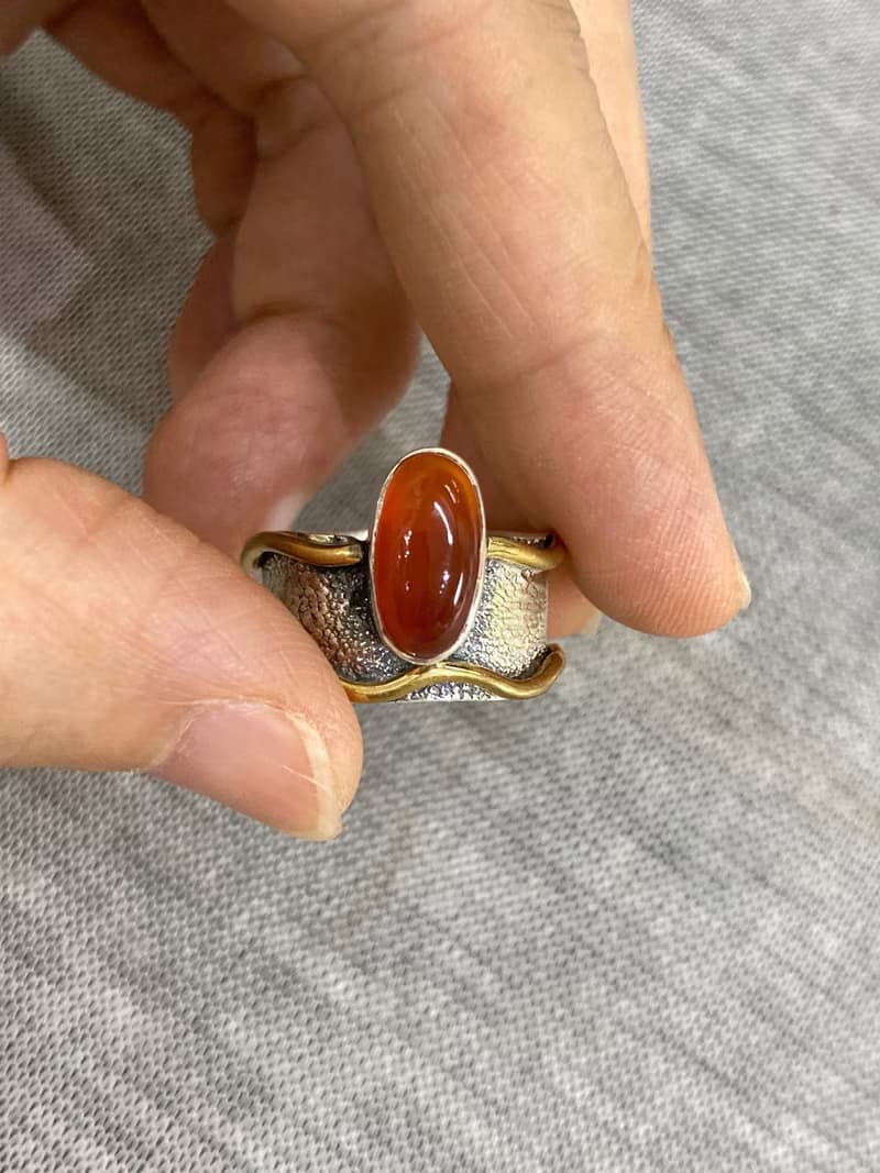 天然 橘色瑪瑙 戒指 尼泊爾 手工製 925純銀 黃銅