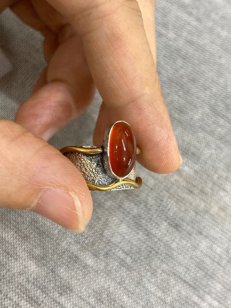 天然 橘色瑪瑙 戒指 尼泊爾 手工製 925純銀 黃銅