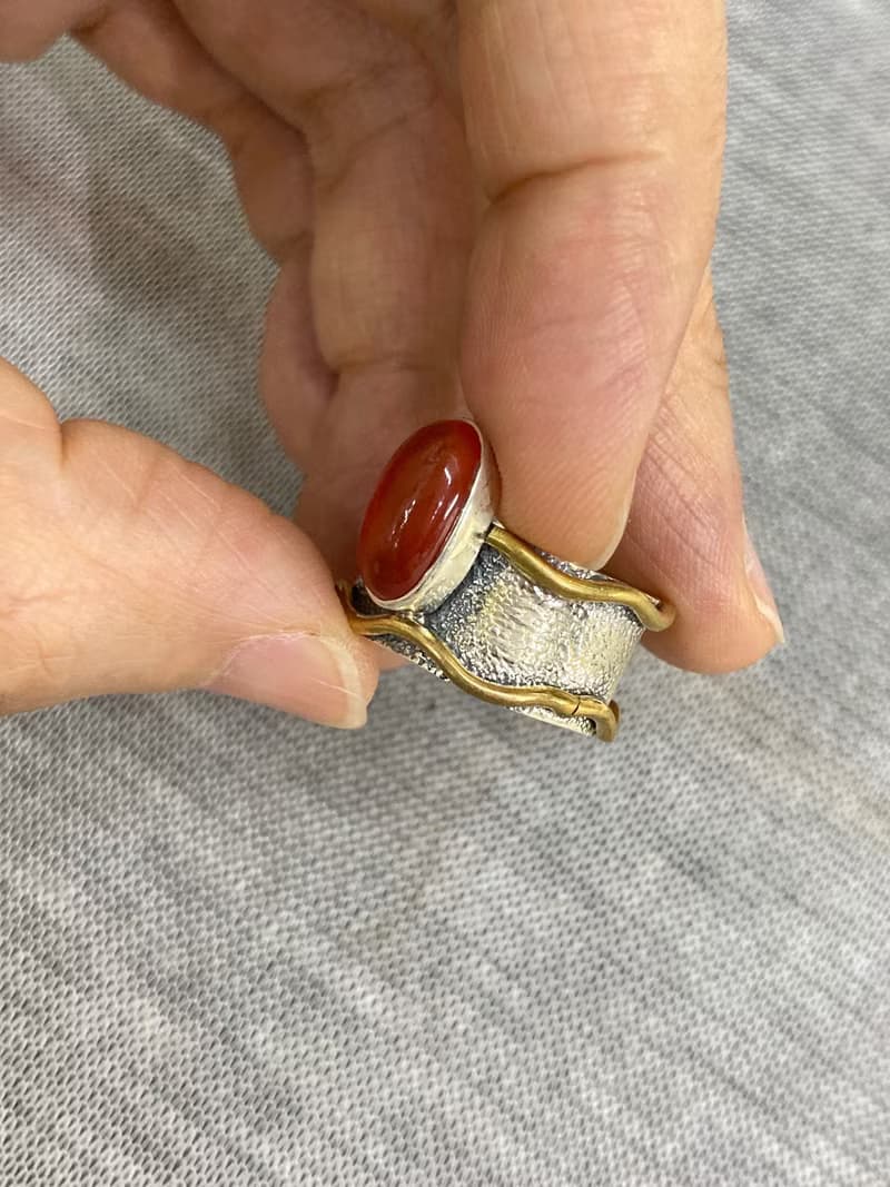 天然 橘色瑪瑙 戒指 尼泊爾 手工製 925純銀 黃銅