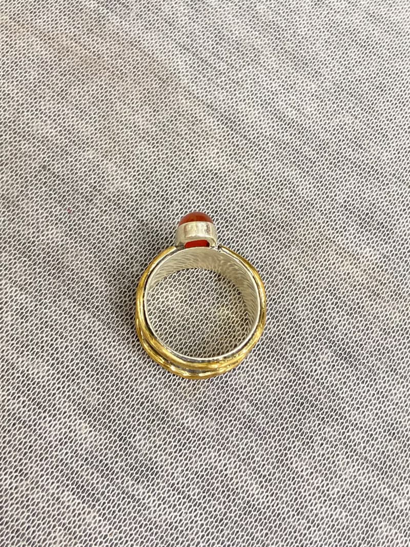 天然 橘色瑪瑙 戒指 尼泊爾 手工製 925純銀 黃銅