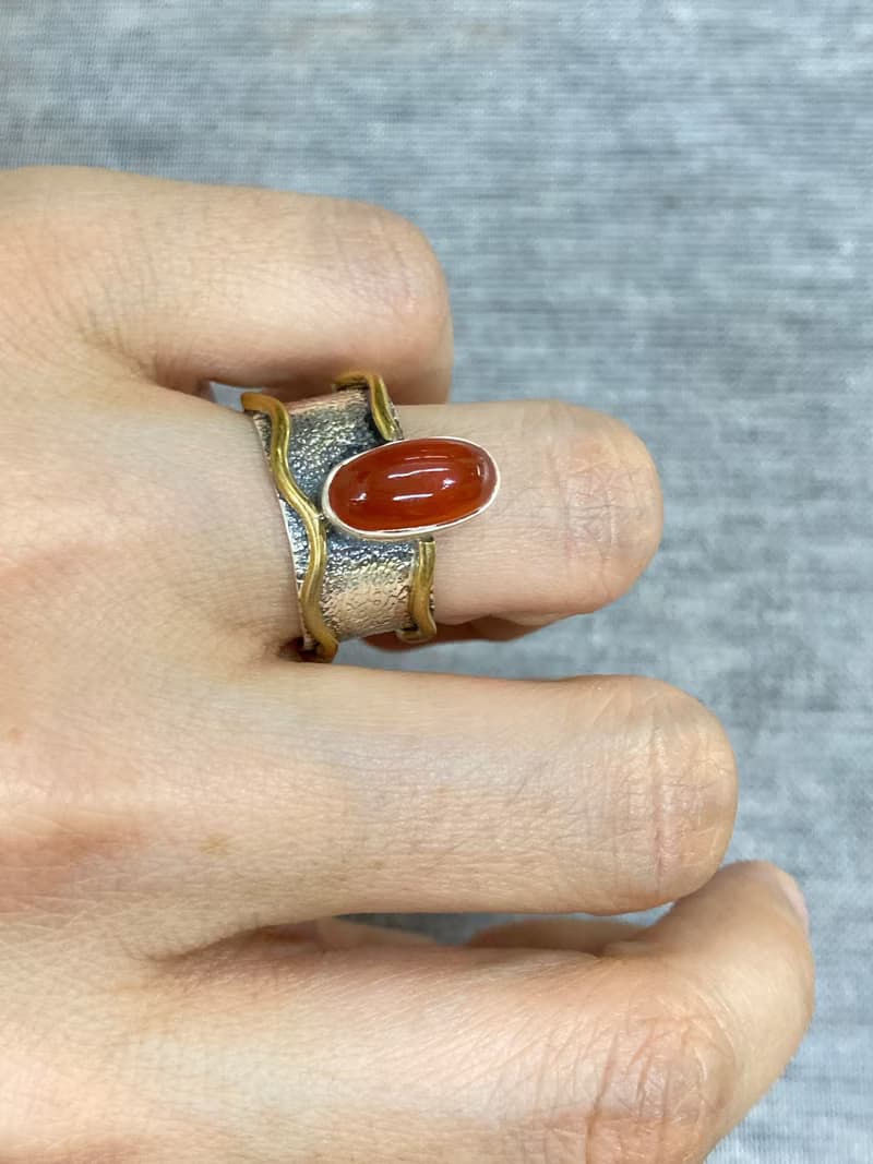 天然 橘色瑪瑙 戒指 尼泊爾 手工製 925純銀 黃銅