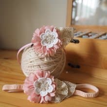 粉紅雪紡花嬰兒/小童彈性髮帶及頭箍套裝 適合百日宴彌月拍攝