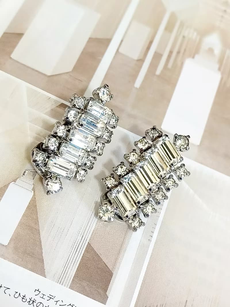 vintage jewelry 典雅長形滿綴萊茵 夾式耳環
