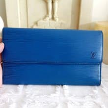 法國名牌LOUIS VUITTON LV中古優質 藍色竹節紋真皮三摺錢包銀包
