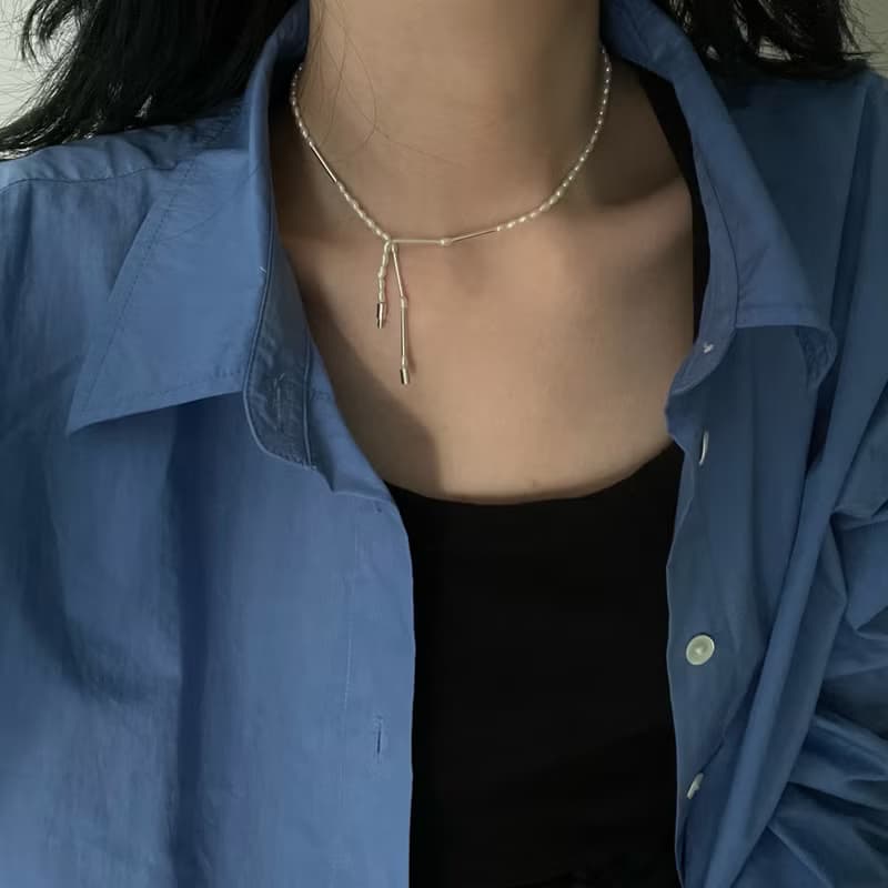 silver long beads mini pearl necklace
