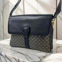 初夏優惠中古二手Celine豆腐包老花皮革側背孭斜單肩手袋小包