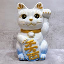 【萬両福貓】日本清水燒招財貓 | 花結晶 青白 千万両 左