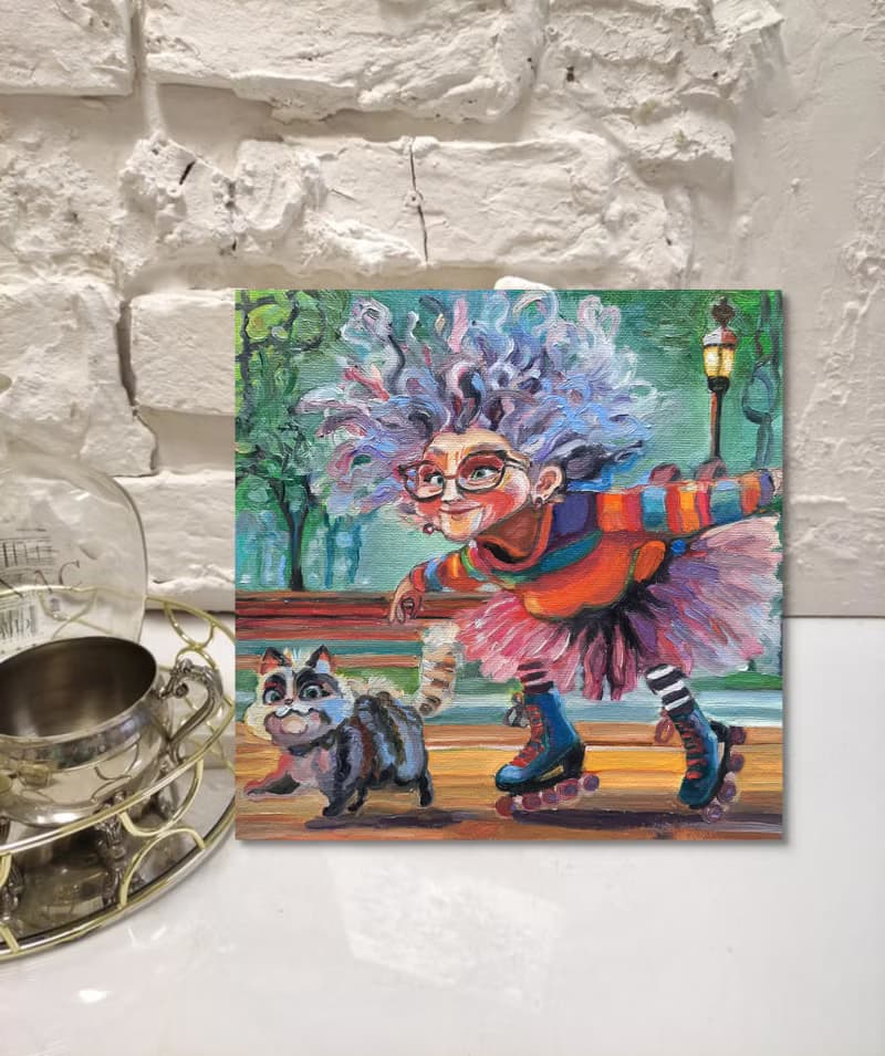 Roller skayting Painting Original Art Small Impasto Oil Painting on Cardboard